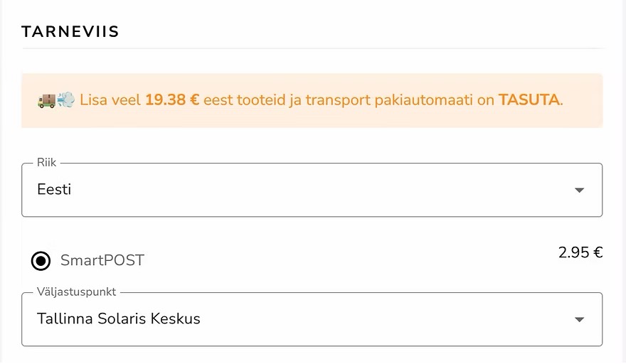 Pakkeri kassavaade: tarneviisi ja pakiautomaadi valik e-poe kassas