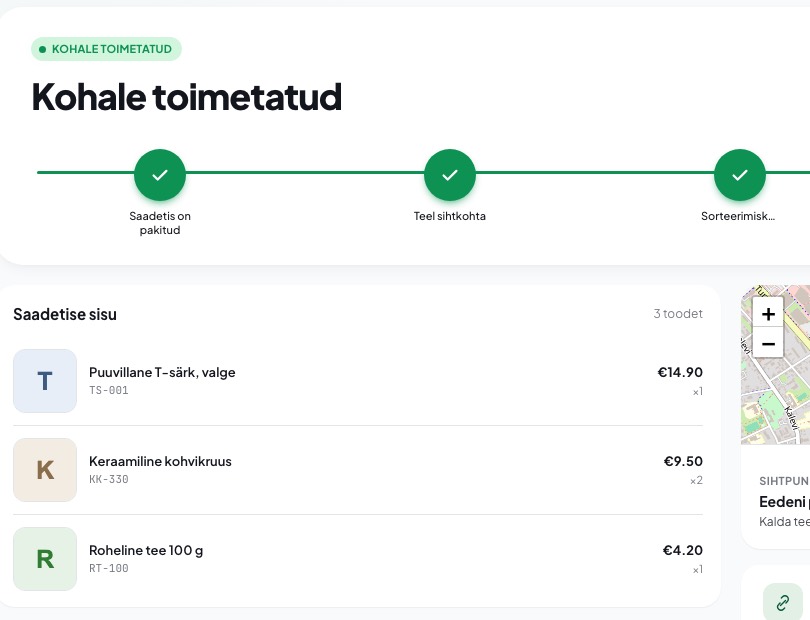 Kliendi jälgimisleht: paki teekond staatustega, saadetise sisu ja sihtpunkt kaardil
